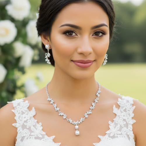 Silver Jewelry Sets for Women Rhinestone Necklace Dangle Earrings Bracelet Set Bridal Wedding Jewelry Sets for Brides Bridemaid Prom Costume Accessories Jewelry - style: Silver Jewelry Set style4