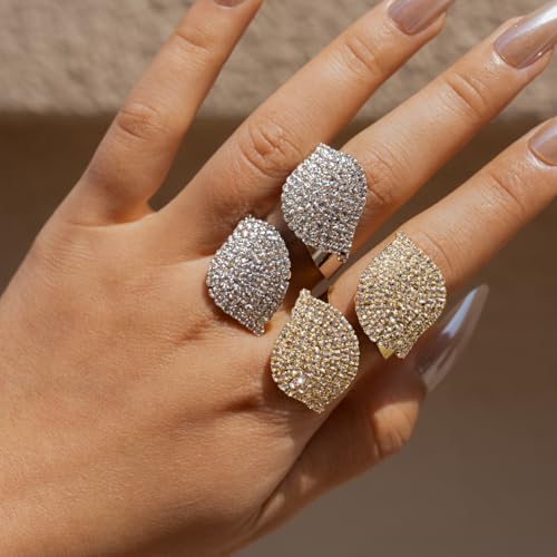 Rhinestone Finger Ring for Women Sparkly Crystal Butterfly Flower Leaf Adjustable Statement Chain Rings Punk Jewelry - color: Leaf G