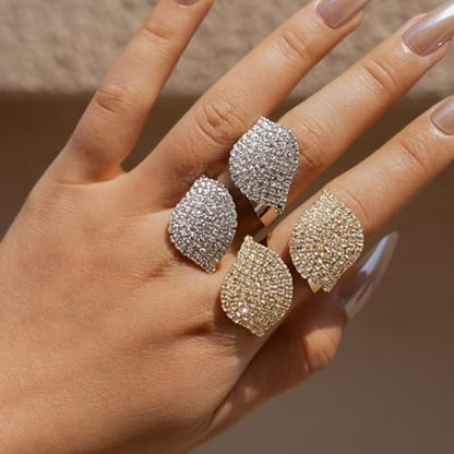 Rhinestone Finger Ring for Women Sparkly Crystal Butterfly Flower Leaf Adjustable Statement Chain Rings Punk Jewelry - color: Leaf G