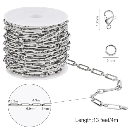 SMYHTGLIF 13 Feet Silver Stainless Steel Paperclip Chain for Jewelry Making | Bulk Chain Spool Craft Jewelry Roll Handmade Chain with Lobster Clasps Jump Rings - color: Paperclip Silver