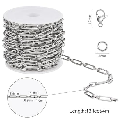 SMYHTGLIF 13 Feet Silver Stainless Steel Paperclip Chain for Jewelry Making | Bulk Chain Spool Craft Jewelry Roll Handmade Chain with Lobster Clasps Jump Rings - color: Paperclip Silver