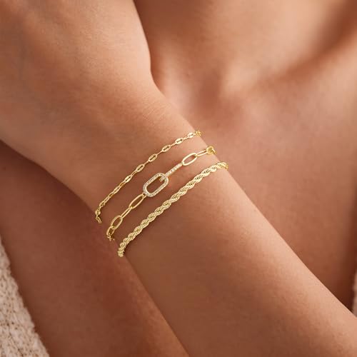 Turandoss Gold Bracelets for Women - Dainty 14K Gold Plated Tennis Bracelet | Stackable Cross Beaded Set, Twisted Rope Chain, Snake Paperclip Chain, Knot Cuff Bracelets for Women, Jewelry Gifts - color: Interlocking Rope Set
