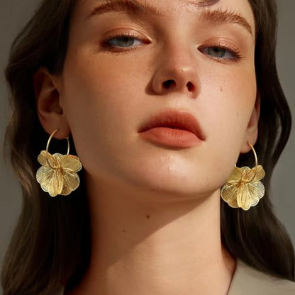 OGD Chunky Gold Statement Earrings For Women Trendy Gold Plated Sectored Flower Leaf Angel Wing Earrings Large Stud Jewlery Hypoallergenic - color: Flora Hoop-Gold