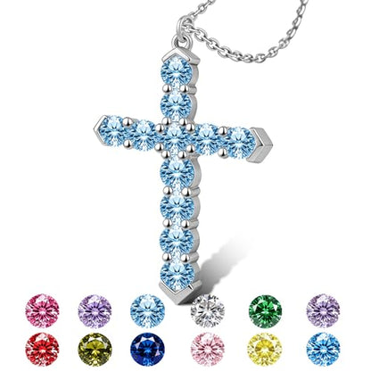 Cross Necklace for Women, Silver Cross Pendant Necklaces | 14K Gold Plated, Dainty CZ Cross Necklace, Non Tarnish and Hypoallergenic Jewelry for Women, Christian Religious Faith Gifts - color: A-Light Blue-Silver