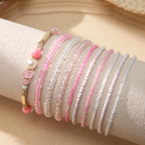 Handmade Stackable Rice Seed Beaded Ball Bracelets set for women, Romantic Boho Trendy Acrylic Glass Stretch Accessories Multi Layer Jewelry, Daily Wear Party Holiday Friendship Gift - color: Pink