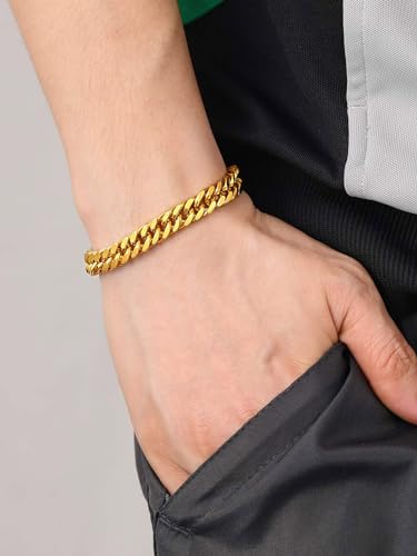 ChainsHouse Stainless Steel Cuban Link Bracelet, 6mm/8mm/12mm/17mm Width, 7.5"/8.3"/9", Black/ 18K Gold Plated Chain Wrist Bracelets for Men Women, Send Gift Box - color: V: Gold-8mm width-custom
