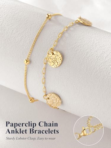 U7 Silver/Gold/Black Ankle Bracelets for Women Layered Chain Anklets | Stainless Steel Anklets Waterproof Summer Beach Anklet Charm, Adjustable 8.5"-10.5",Layered Anklet Fashion - color: Gold - Ball Chain+Paperclip Chain