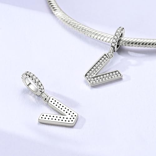 Hapour Letter 925 Sterling Silver Charm with Cubic Zirconia Alphabet A-Z Initial Dangle Charms Beads Pendent DIY Jewelry for Bracelets Necklace - color: V