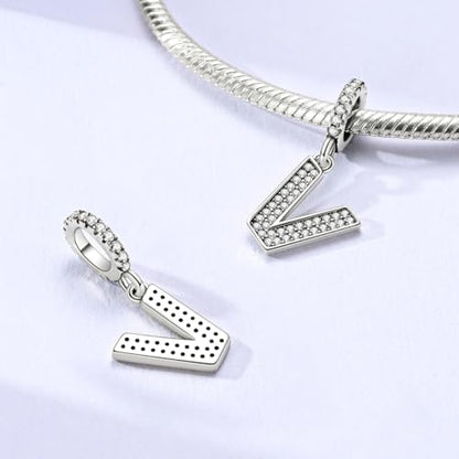 Hapour Letter 925 Sterling Silver Charm with Cubic Zirconia Alphabet A-Z Initial Dangle Charms Beads Pendent DIY Jewelry for Bracelets Necklace - color: V