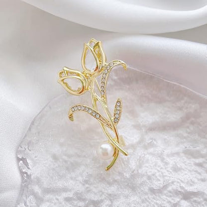 Rhinestone Tulip Brooch Pin for Women Fashion Elegant Botanical Flower Vintage Brooch Lapel Pin Delicate Pink Tulip brooch Wedding Banquet Gift - style: White