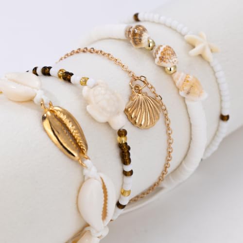 Beaded Anklet Bracelets For Women Waterproof Gold Anklets Jewelry Set Stack | non tarnish free pearl puka seashell beach boho stretchy anklet for summer dainty and tewiky gold plated - color: Golden Shell