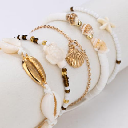 Beaded Anklet Bracelets For Women Waterproof Gold Anklets Jewelry Set Stack | non tarnish free pearl puka seashell beach boho stretchy anklet for summer dainty and tewiky gold plated - color: Golden Shell
