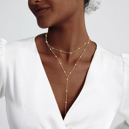 Zeffy Gold Pearl Necklace for Women, Dainty 14K Gold/Silve Plated Layered Pearl Choker Pearl Earrings Pearl Bracelets Wedding Trendy Gold Jewelry Set for Women Gifts - style: Gold Pearl Y Layered Necklace -1PCS