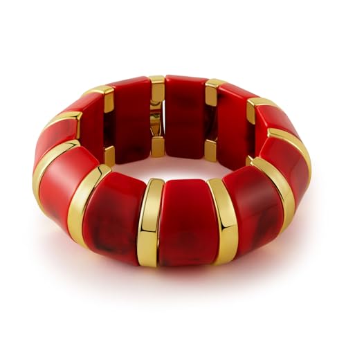 YBMYCM Acrylic Chunky Bangles Bracelets for Women Resin Gold-plated Stackable Stretch Bracelet Wide Wristbands Gift Jewelry - color: Red