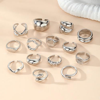 Chunky Rings for Women Non Tarnish 14k Stackable Dome Statement Rings Sets Vintage Dainty Knuckle Open Midi Finger Rings Jewelry Pack Gifts - style: Silver 14Pcs