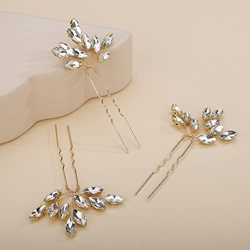 Teyglen 3pcs Bridal Crystal Hair Pins Rhinestones Hair Pieces Simple Crystal Wedding Hair Accessories Handmade Hair Pins for Women Bride Girls (Gold) - color: Gold