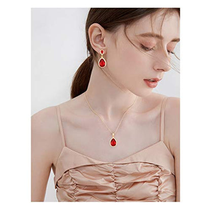 Bridal Jewelry Set for Wedding - 18k Plated Teardrop CZ Crystal Cubic Zirconia Rhinestone Necklace Earrings Set for Bride Bridesmaids Mother of Bride Party Prom Birthstone Costume Jewelry - color: Jul-Ruby