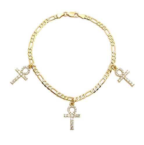 Fashion 21 Women's Cross, Ankh, Queen Nefertiti Piece 10 inches Figaro Chain Anklet Foot Bracelet in Gold Tone - style: Three Ankh Pieces / Figaro