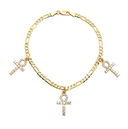 Fashion 21 Women's Cross, Ankh, Queen Nefertiti Piece 10 inches Figaro Chain Anklet Foot Bracelet in Gold Tone - style: Three Ankh Pieces / Figaro