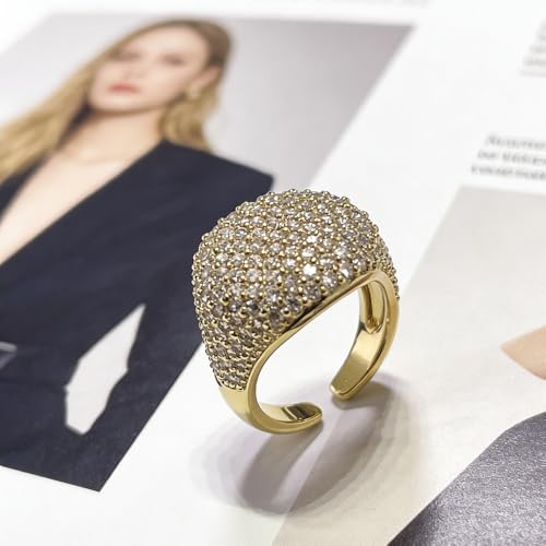 Luxury Dome Cubic Zirconia Adjustable Open Statement Ring for Women Men Gold-Tone Dainty Sparkly Crystal Colorful Rhinestone Geometry Statement Stacking Finger Band Wedding Party Fashion Jewelry - color: Golden