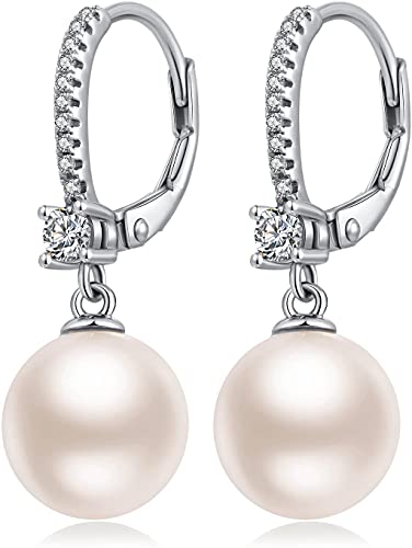 Pearl Dangle Drop Earrings for Women 925 Sterling Silver Pearl Leverback Earrings Cubic Zirconia Pearl Dangling Earrings 10MM - color: 1. white-10mm