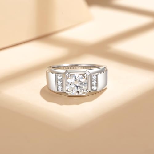 Mens Moissanite Wedding Bands, D Color VVS1 Moissanite Sterling Silver Plated 18K White Gold,Round Wedding Anniversary Band Ring for Men‘s Gift - style: 2.15CTTW