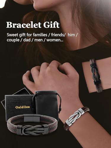 Mens Black Braided Leather Bracelet, Green/Red/Brown/Black Braided Leather Infinity Knot Bracelets for Men with Stainless Steel Clasp, 7.5/8.5/9in Length - color: 02-Black&Brown