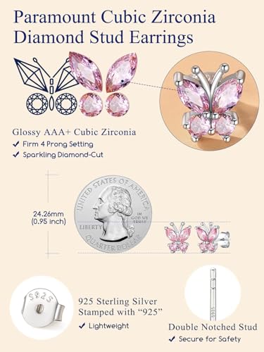 Suplight Butterfly Stud Earrings 925 Sterling Silver 14K Gold Brithstone Earrings for Women Brithstone Jewelry Gifts - color: 10.October ( Pink Tourmaline), size: Silver