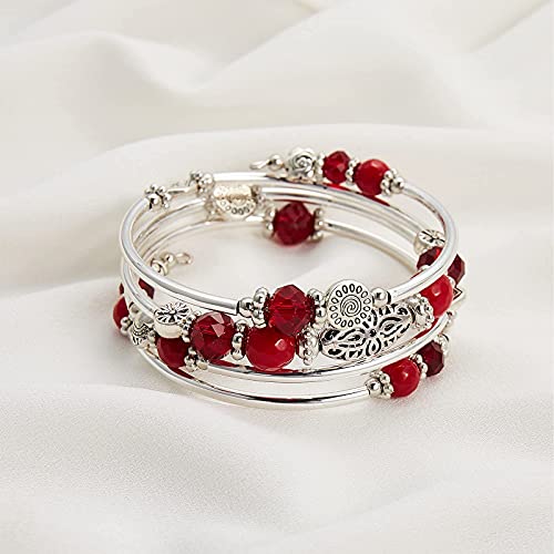 FULU AUTUMN Stackable Beaded Bracelets for Women Boho Wrap Silver Bracelet Layered Fashion Jewelry Gifts for Her - color: Red