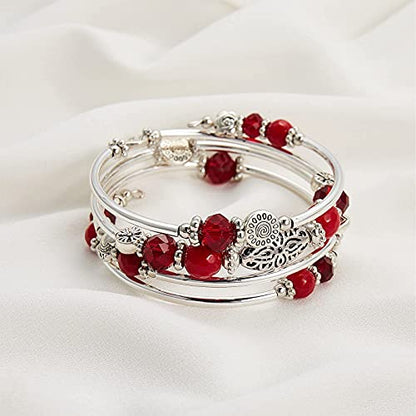 FULU AUTUMN Stackable Beaded Bracelets for Women Boho Wrap Silver Bracelet Layered Fashion Jewelry Gifts for Her - color: Red