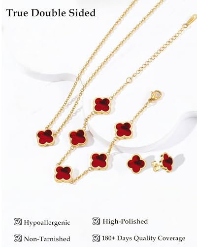 Clover Jewelry Set 3 PC - 18K Gold Plated Stainless Steel Y Necklace Four Leaf Pendant, Clover Bracelet Charm, 4leaf Earrings, Hypoallergenic Non-Tarnish, Lucky Jewelry Gifts for Women Mom - color: Dark Red/Gold