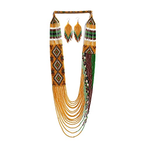 Handmade Native American Style Tribal ethnic Seed Bead Beaded Layered Medallion Necklace - color: Gold