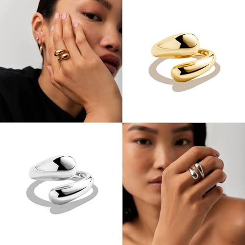 NOKMIT Chunky Gold Rings for Women Adjustable Open Teardrop Wrap Bypass Statement Band Gold Silver Tone High Polished Smooth Comfort Fit - color: Gold