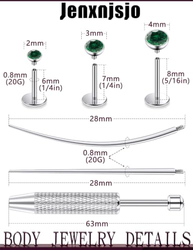 Jenxnjsjo F136 Titanium 20/18/16g Earrings Nose Lip Rings Studs Labret Medusa Tragus Helix Conch Cartilage Piercing Jewelry for Women - color: Green, size: 20g