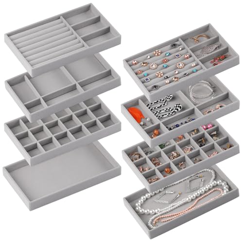 Set of 8 Velvet Jewelry Drawer Organizer Inserts, Stackable Trays with Removable Dividers, Earring and Ring Holder Display for Dresser, Storage Case for Necklace Bracelet Watch - Grey - color: Grey