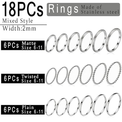 2mm 18Pcs No Tarnish Stainless Steel Thin Rings | PVD Gold Plated, Fadeless, Waterproof, High Polish, Hypoallergenic - color: Silver
