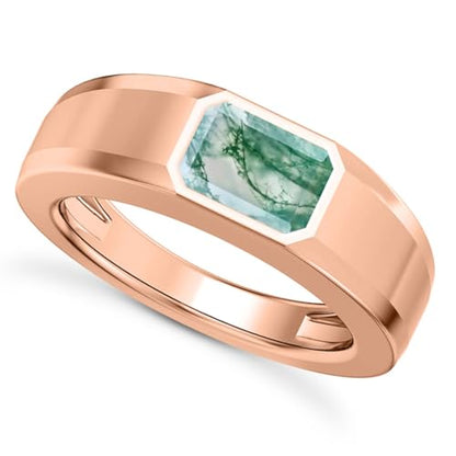 1CT - 3CT Gemstone Signet Pinky Ring - Emerald Cut Gem Pinky Ring White Yellow Rose 10K 14K 18K Gold Sterling Silver Mens Gem Signet Rings for Anniversary Fathers Day - style: Moss Agate