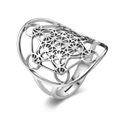 Metatron's Cube Ring Angel Seal Archangel Metatron Cube Protection Statement Hollowed Out Womens Stainless Steel Open Band Ring Jewelry - color: Silver