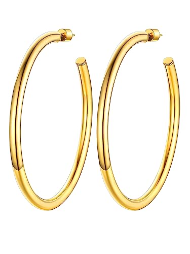 PROSTEEL Chunky Hoop Earrings for Women 14K Gold Plated/Black/Silver | 20/30/40/50/60/70/80mm Stainless Steel Thick Big Round Hoop with Waterproof and Non Tarnish Trendy Jewelry with Gift Box - color: 2. Gold, size: 80MM