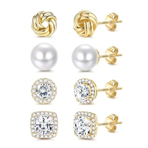 FIBO STEEL 4 Pairs Hypoallergenic Stud Earrings for Women 14K Gold Plated | Sterling Silver,Big Simulated Pearl Love Knot,Brilliant Cubic Zirconia Halo Earrings Studs for Sensitive Ears Everyday Formal - color: Gold Tone