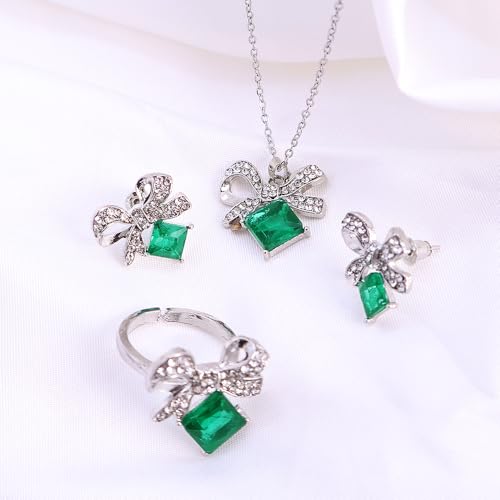 Elegant Jewelry Set Necklace for Women，Adjustable Dainty Cubic Zirconia Trendy Choker Pendant Necklace+Earrings+Ring, Mother's Day Valentine's Day Gifts Pendant Set for Women 3PCS - color: Green bow