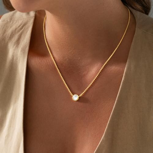 Gold Necklace for Women, Dainty 14K Gold Plated Pendant Necklaces for Women Trendy Simple Choker Chain Cubic Zirconia Circle/Interlocking/Sun/Pearl Necklace Fashion Jewelry Charm Gifts - color: CZ Pendant-3
