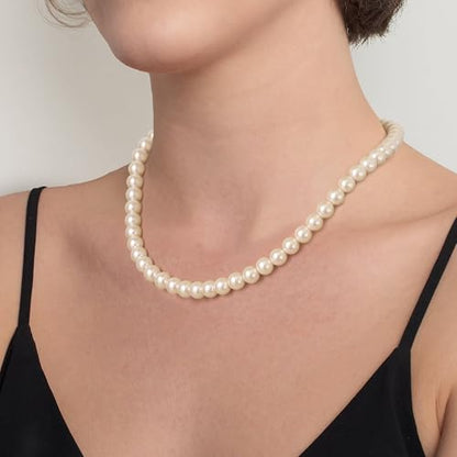 EVER FAITH Dainty Round Imitation Pearl Strand Necklace Stud Earrings Delicate Wedding Costume Prom Faux Pearls Jewelry for Women Bride - color: Cream Pearl, size: 8mm