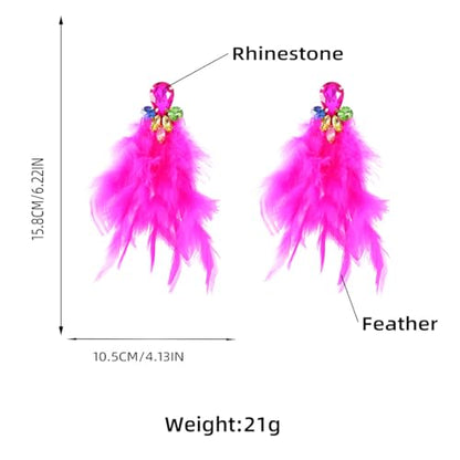 Long Feather Earrings for Women Bohemian Crystal Zirconia Dangle Feather Earrings Crystal Tassel Feather Earrings Wedding Halloween Prom Jewelry - color: Red