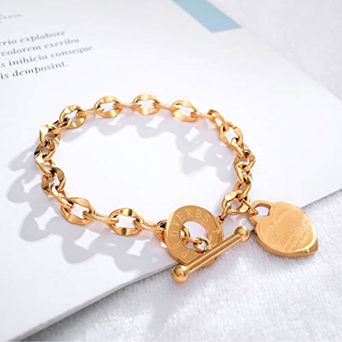 kelistom 316L Stainless Steel Love Heart Charm Bracelet for Women Romantic Gift Silver/Rose/18k Gold Plated OT Clasp Bracelets - color: 18k gold