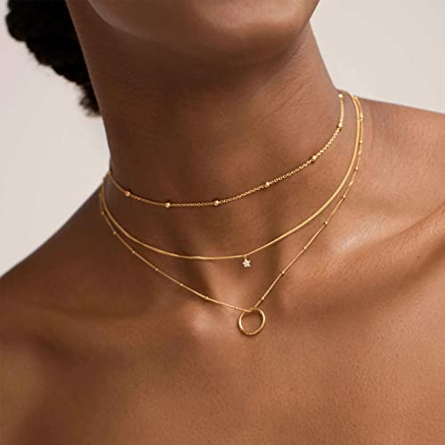 FOCALOOK Choker Necklace for Women, Double Layered Boho Beaded Choker Chain | Dainty 14K Gold Plated/Silver/Black Metal, Simple Small Satellite Beaded Chain Necklace, Hypoallergenic for Everyday Wear - color: 02.Satellite Beads-Gold
