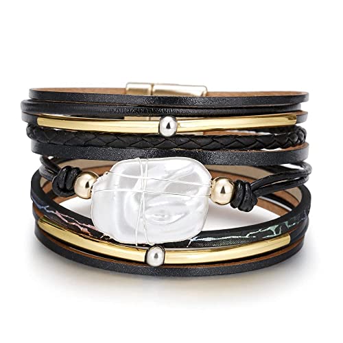 Fesciory Leather Wrap Bracelets for Women, Boho Western Layered Jewelry | Layered leather cuff bracelets, Easy on and off, Boho western style, Daily wear, Gift for women - color: Black 6