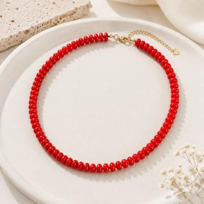 Red Beaded Necklace for Women, 5x8mm Stone Choker with Gold Clasp | Bold Boho Statement Jewelry for Colorful Everyday Outfits