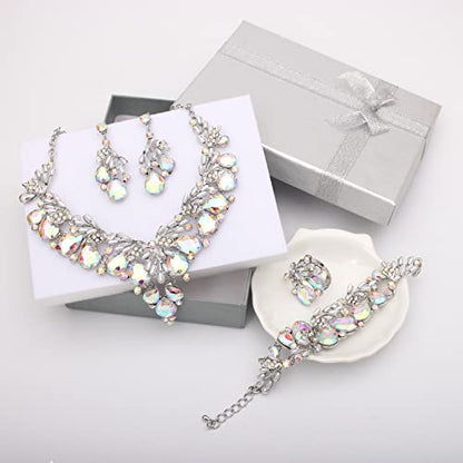 Jewelry Set for Women, Statement Necklace Dangle Earrings Bracelet Ring, White/KC Gold Plated Jewelry Set with Rhinestone Pearl Crystal Wedding Party Jewelry for Bridal Bridesmaid - color: AB Crystal-Platinum Plated