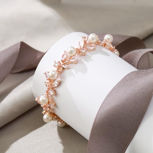 EVER FAITH Gorgeous Cubic Zirconia Pearl Wedding Link Bracelet for Bride | Marquise Teardrop Crystal Bridal Prom Jewelry, for Women Bridesmaids - style: Vine_Rose Gold-Tone